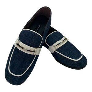 Newbark Melanie White Leather Trimmed Dark Navy Denim Loafers Size 7